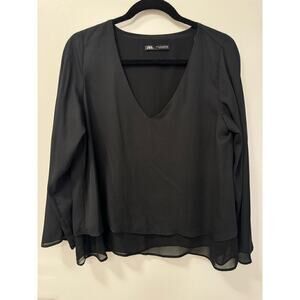 Zara Medium Black V Neck Flowy Blouse 3/4 Sleeve Layered Top
